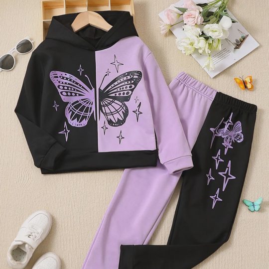 【2Y-8Y】2-piece Girls Butterfly Print Hoodie And Pants Set