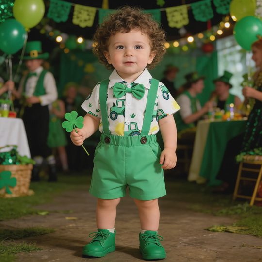 【0M-18M】Boys' St. Patrick's Day Outfit – Bow Tie Shirt & Suspender Shorts Set