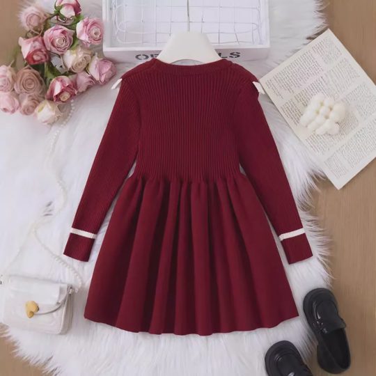 【3Y-10Y】Girls Red Pearl Lapel Long Sleeve Sweater Dress
