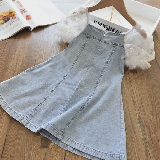 【18M-9Y】Girl Sweet Lace Puff Sleeve Denim Dress - 33189
