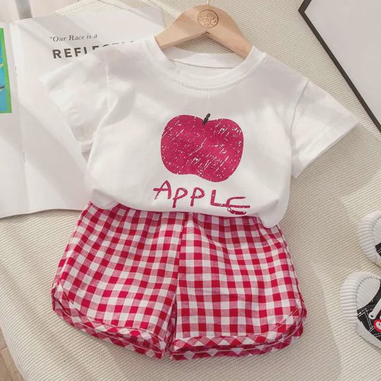 【12M-7Y】2-piece Girls Fruit Print Short-sleeved T-shirt And Plaid Shorts Set - 34358