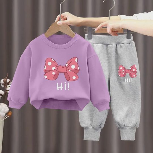 【18M-10Y】2-piece Girls Multicolor Bow Print Long-sleeved Sweatshirt And Pants Set - 34430