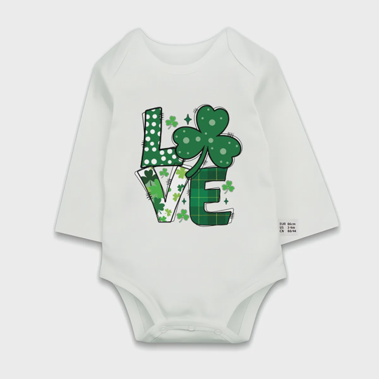 【0M-24M】St. Patrick's Day Love Clover Print Baby Long Sleeve Bodysuit