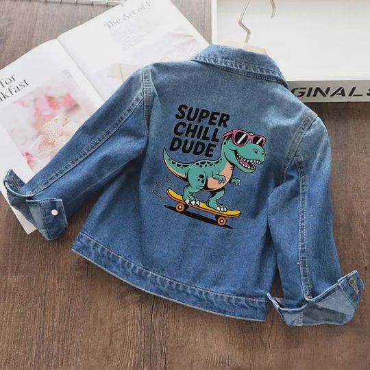 【18M-11Y】Kids Denim Jacket With Super Chill Dinosaur Design
