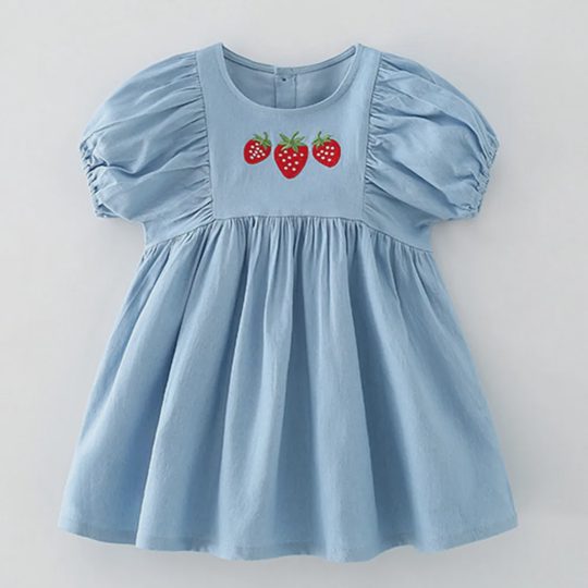 【2Y-10Y】Girls Strawberry Embroidered Short Sleeve Denim Dress