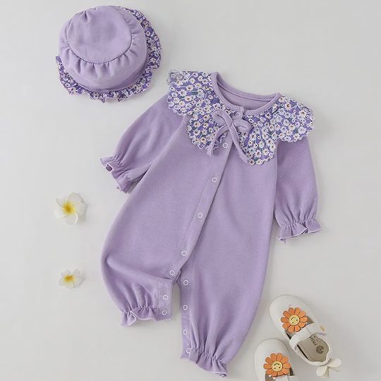 【3M-24M】2-piece Baby Girl Purple Floral Lapel Long Sleeve Romper With Hat