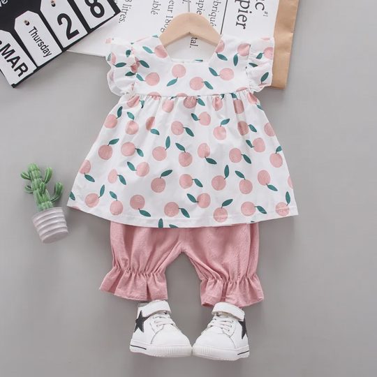 【12M-3Y】Girls' Adorable Orange Cartoon Print Outfit Set