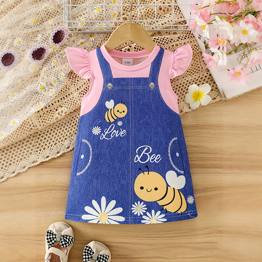【6M-3Y】Girls' Casual Round Neck Dress With Bee Print And Flutter Sleeves