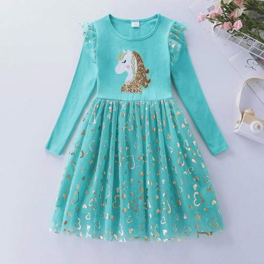 【3Y-8Y】Girls' Unicorn Sequin Long Sleeve Princess Dress