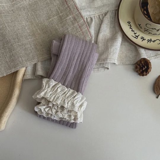 【6M-10Y】Girls' Wide-Stripe Ruffle Ankle-Length Knit Leggings