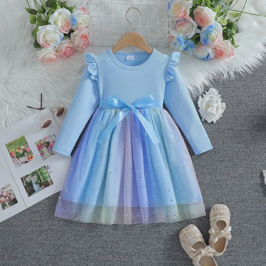 【18M-6Y】Girls Rainbow Star Sequin Mesh Princess Dress
