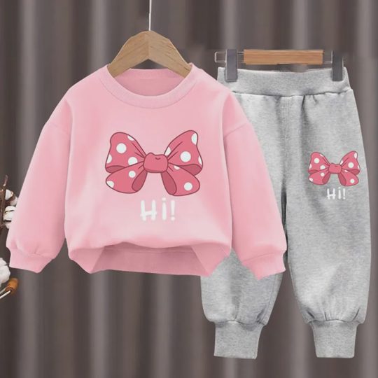 【18M-10Y】2-piece Girls Multicolor Bow Print Long-sleeved Sweatshirt And Pants Set - 34430