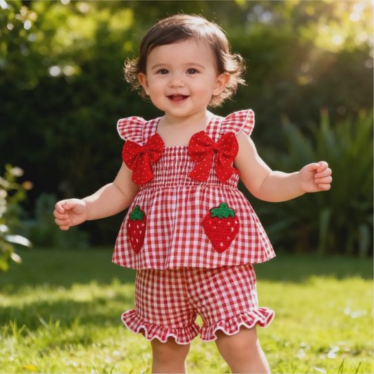 【6M-3Y】Girls' Cute Strawberry Print Bow Strap Top & Shorts Set