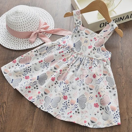 【12M-5Y】2-piece Girls Sweetheart Butterfly And Floral Print Dress With Free Bow Hat - 33386