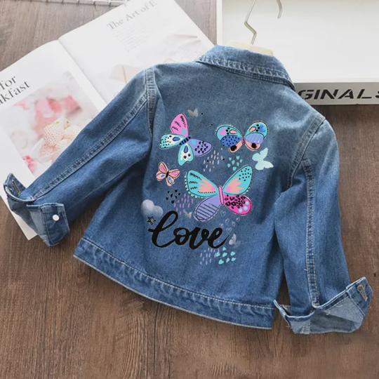 【18M-11Y】Stylish Butterfly Print Denim Jacket For Kids