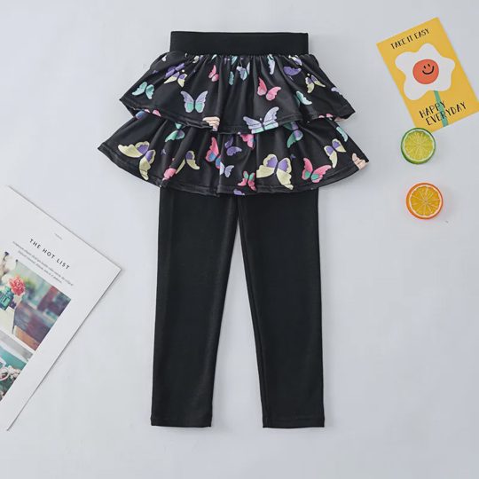 【3Y-10Y】2-piece Girls Casual Butterfly Tie Dye Printed Ruffle Skirt Leggings
