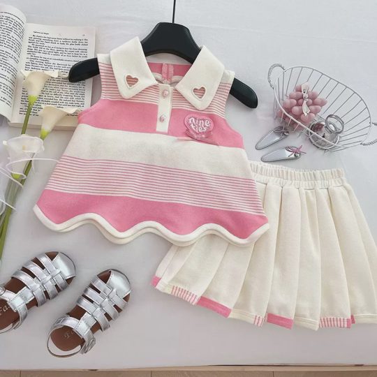 【18M-10Y】Girls' Collared Striped Sleeveless Top + Pleated Skirt Princess 2-Piece Set