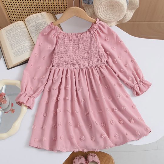 【2Y-9Y】Girls' Long Sleeve Square Neck Ruched Simple A-Line Dress