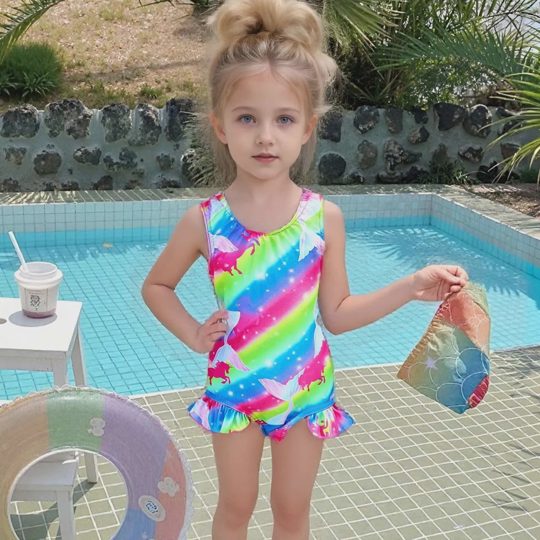 【12M-5Y】Girls' Vacation Style Dreamy Cartoon Mermaid Rainbow Flower Sleeveless Beach Bikini Swimsuit