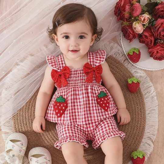 【6M-3Y】Girls' Cute Strawberry Print Bow Strap Top & Shorts Set