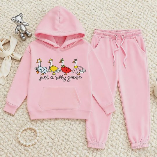 【2Y-13Y】Duck Print Hoodie And Jogger Set For Kids - "Just A Silly Goose" Design