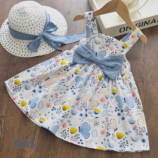 【12M-5Y】2-piece Girls Sweetheart Butterfly And Floral Print Dress With Free Bow Hat - 33386
