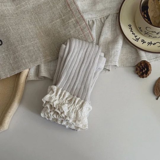 【6M-10Y】Girls' Wide-Stripe Ruffle Ankle-Length Knit Leggings