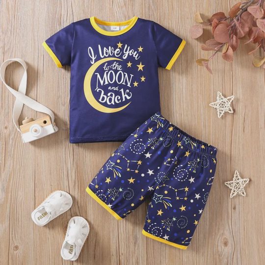 【18M-8Y】Boys' Fashion Rocket & Planet Letter Print Short Sleeve T-Shirt + Shorts Set With Stars And Moon