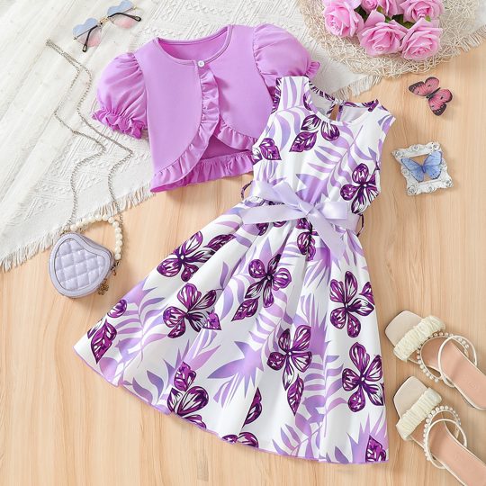 【3Y-10Y】Girls' Open-Front Jacket + Floral Bow Dress 2-Piece Set
