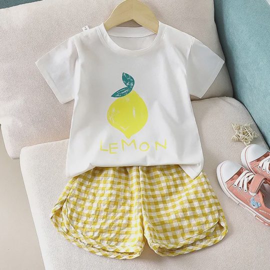 【12M-7Y】2-piece Girls Fruit Print Short-sleeved T-shirt And Plaid Shorts Set - 34358