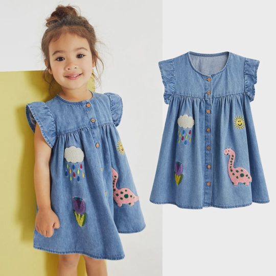 【1Y-7Y】Girls Cute Dinosaur And Flower And Sun Embroidered Blue Denim Dress