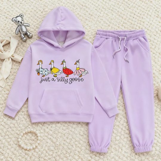 【2Y-13Y】Duck Print Hoodie And Jogger Set For Kids - "Just A Silly Goose" Design