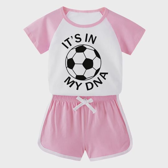 【18M-11Y】Toddler Soccer 'It's In My DNA' 2-Piece Outfit - Sporty Graphic Raglan Top & Shorts Set For Kids