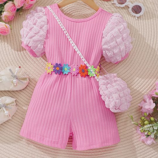 【2Y-7Y】Girls Floral Puff Sleeve Jumpsuit With Bag