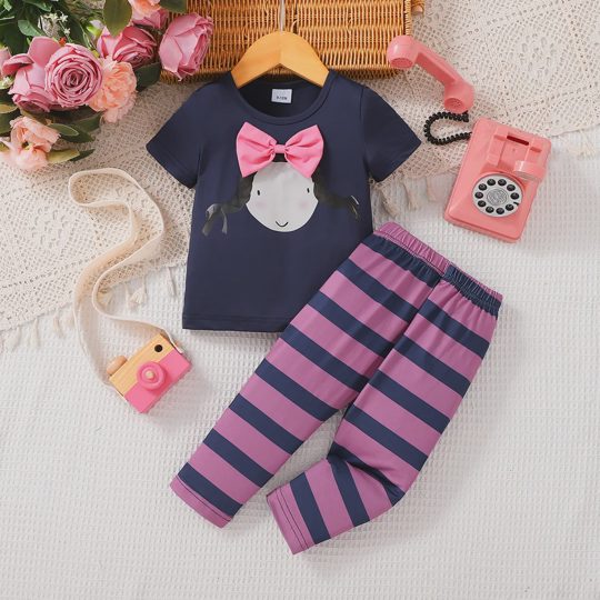 【6M-3Y】2-piece Girls Cartoon Girl Print With Bow Top And Shorts Set