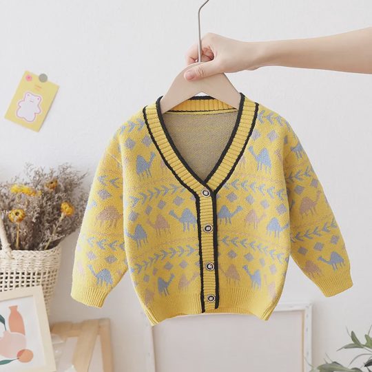 【12M-5Y】Boys Camel Pattern V-Neck Knit Cardigan