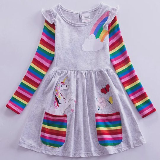 【3Y-8Y】Girl Sweet Rainbow Unicorn Pattern Long Sleeve Dress