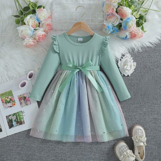 【18M-6Y】Girls Rainbow Star Sequin Mesh Princess Dress