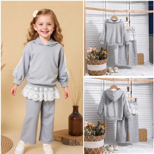 【3Y-8Y】Girls' Sweet Lace Panel Wide-Leg Pants And Drawstring Hoodie Set