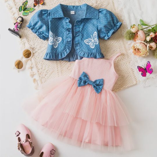 【9M-3Y】Girls' Butterfly Print Top + Strap Patchwork Tulle Dress 2-Piece Set