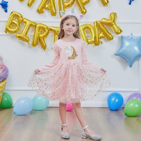 【3Y-8Y】Girls' Unicorn Sequin Long Sleeve Princess Dress