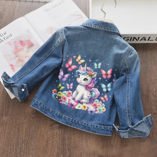 【18M-11Y】Girls Butterfly Unicorn Print Denim Jacket