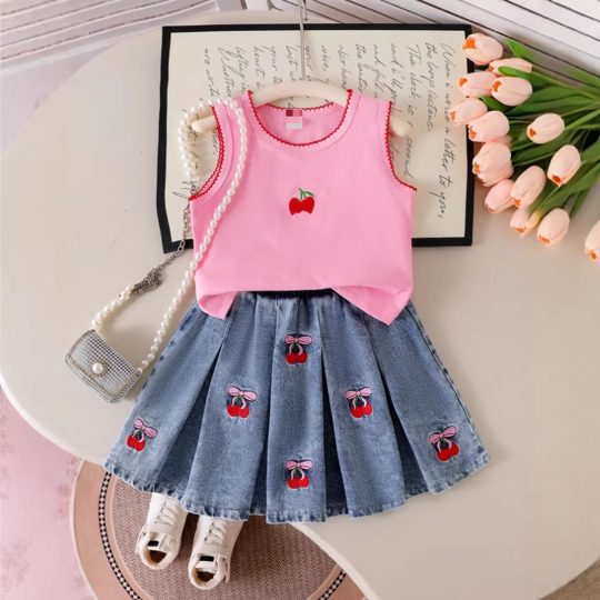 【2Y-7Y】Girls' Sleeveless Top + Cherry Embroidered Pleated Denim Skirt 2-Piece Set