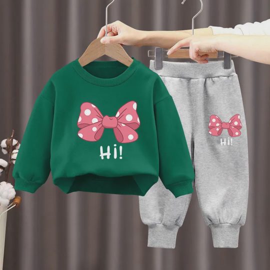 【18M-10Y】2-piece Girls Multicolor Bow Print Long-sleeved Sweatshirt And Pants Set - 34430