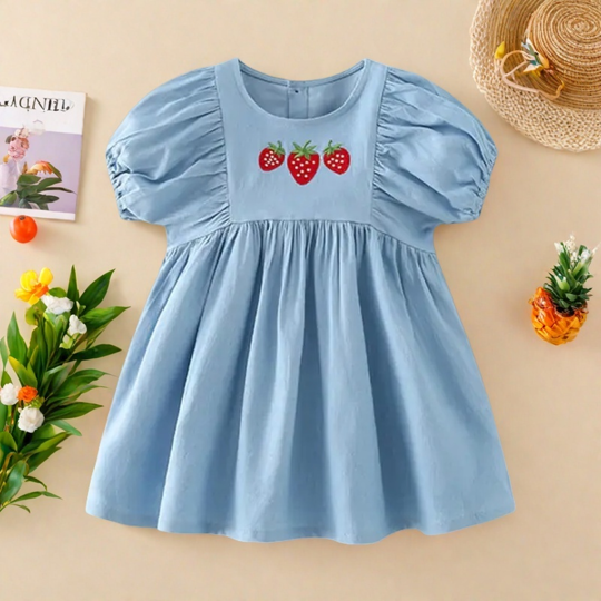【2Y-10Y】Girls Strawberry Embroidered Short Sleeve Denim Dress