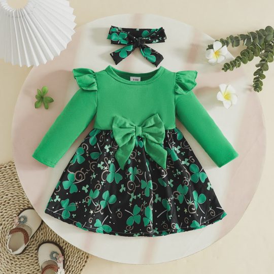 【3M-24M】Girls' St. Patrick's Day Shamrock Print Long-Sleeve Dress With Bow Accents