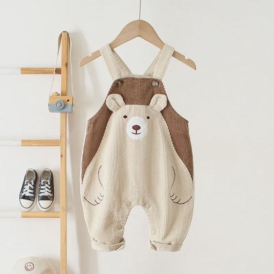 【6M-4Y】Unisex Cute Bear Patchwork Corduroy Cartoon Pattern Bib Overall Pants, Autumn/Winter
