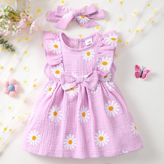 【0M-24M】Girls' Ditsy Daisy Print Flutter Sleeve Bow Dress + Headband