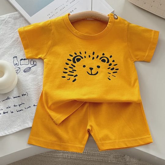 【12M-8Y】2-piece Boys Casual Cotton Cartoon Print Multicolor Short Sleeve T-shirt And Shorts Set