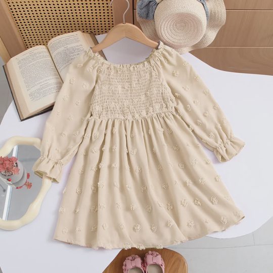 【2Y-9Y】Girls' Long Sleeve Square Neck Ruched Simple A-Line Dress